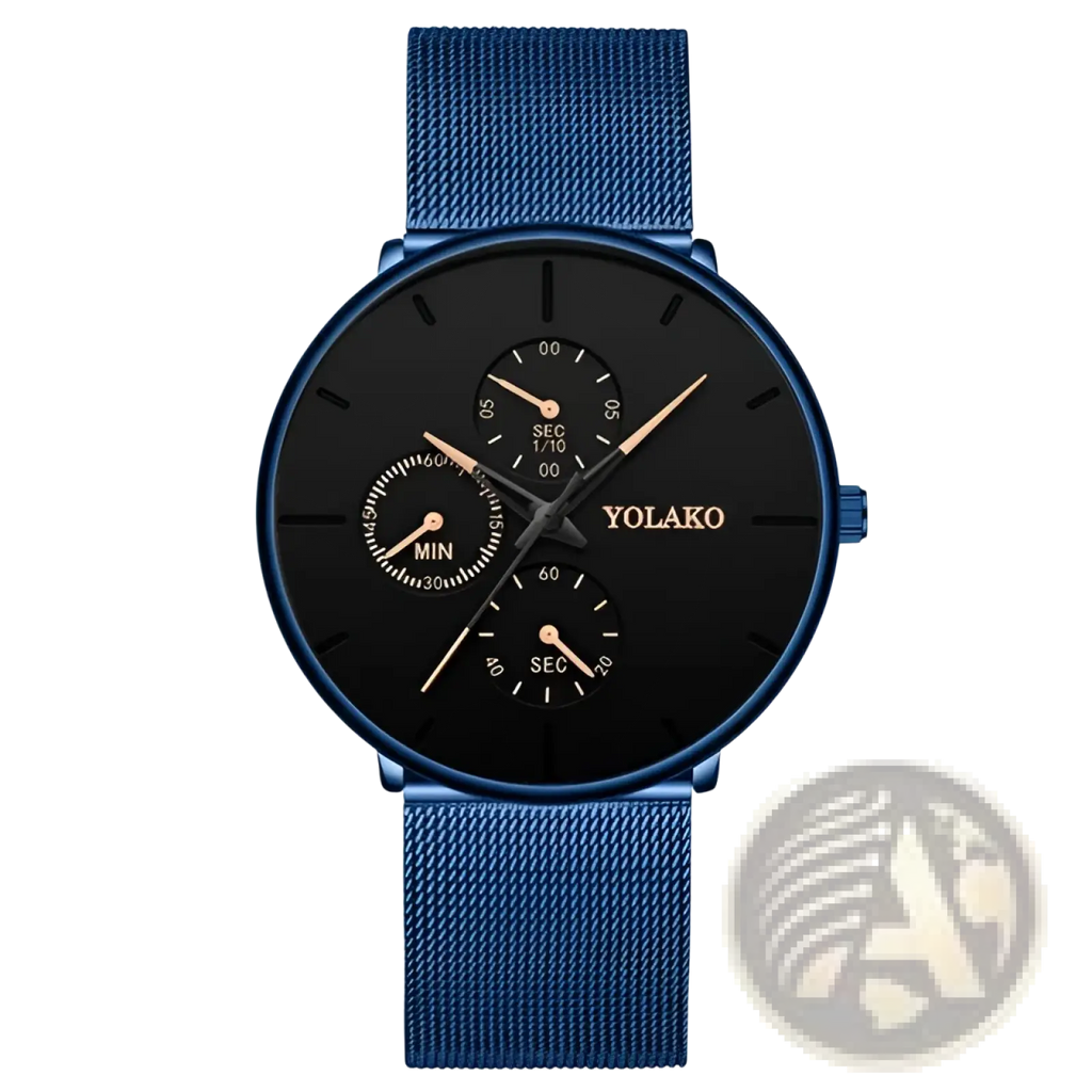 Ultra thin black mesh quartz watch men with blue mesh strap black dial rose gold hands and yolako brand name