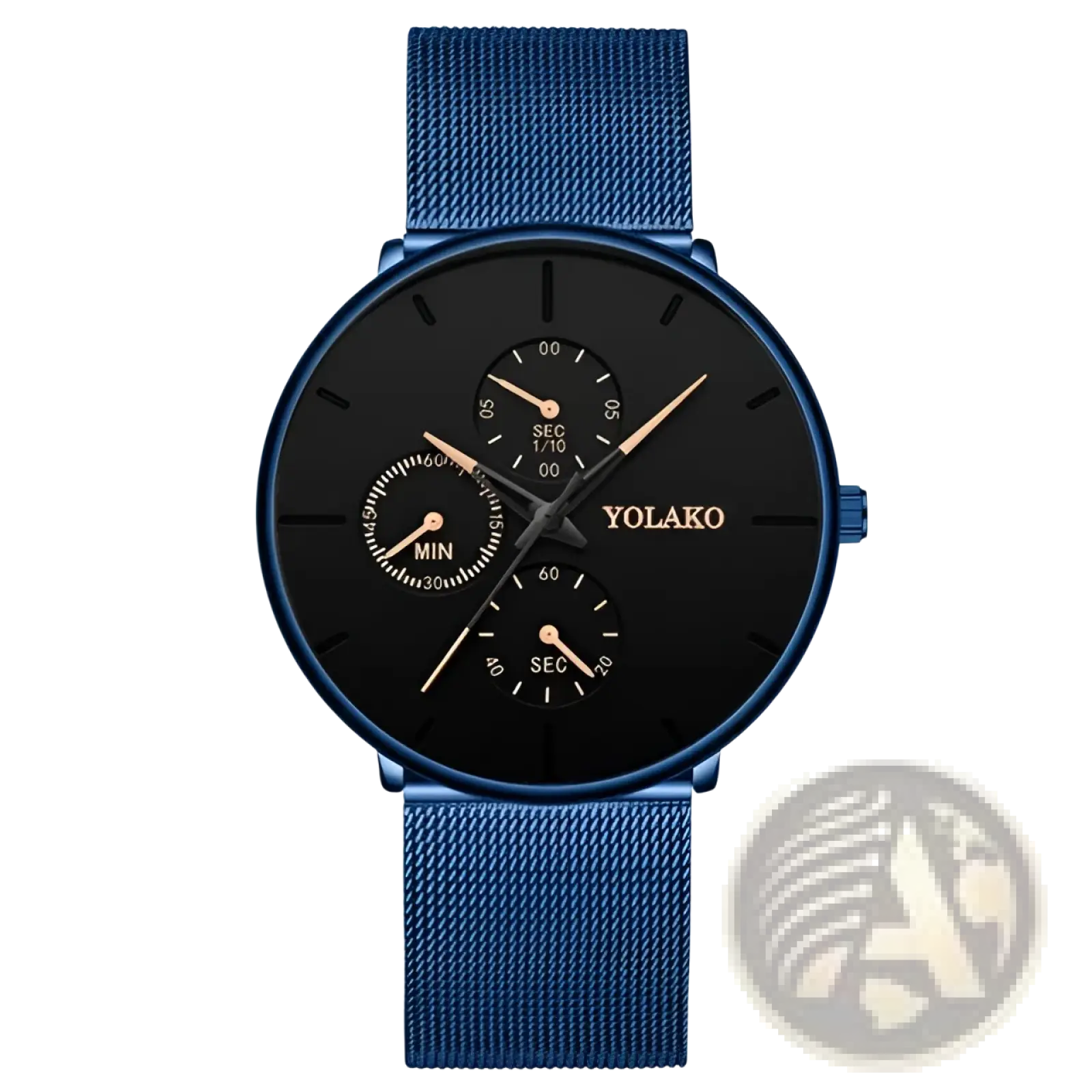 Ultra thin black mesh quartz watch men with blue mesh strap black dial rose gold hands and yolako brand name