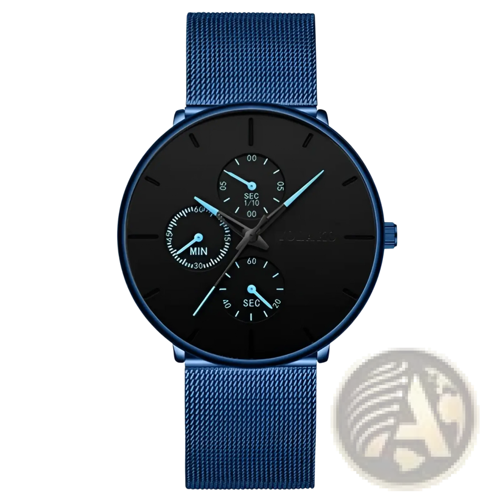 Ultra thin black mesh quartz watch men with blue mesh strap black dial and three subdials with light blue hands