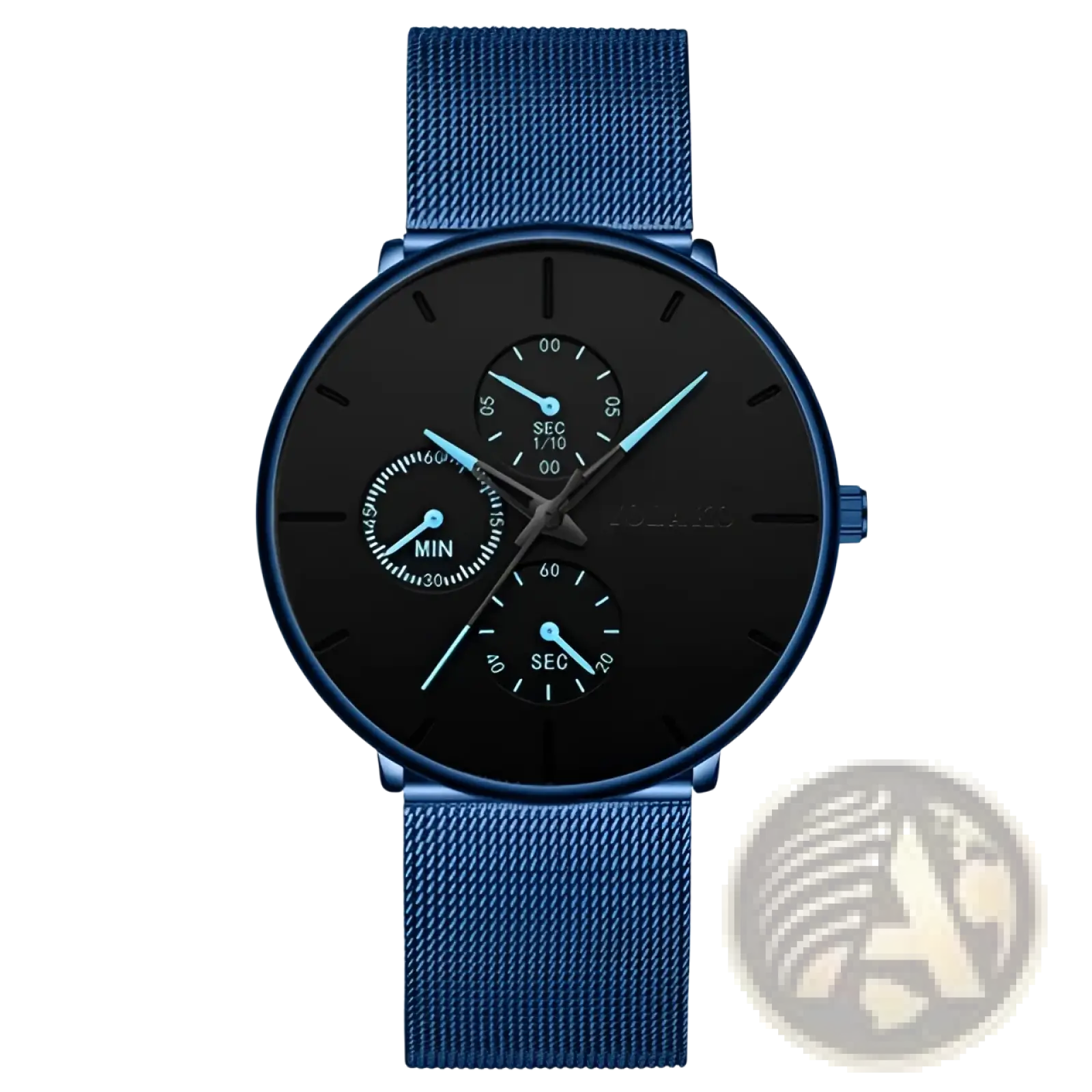 Ultra thin black mesh quartz watch men with blue mesh strap black dial and three subdials with light blue hands