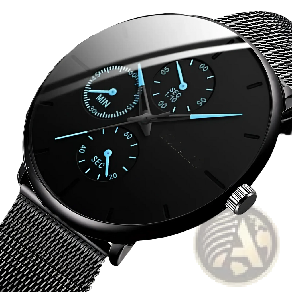 Ultra thin black mesh quartz watch men with a black chronograph dial and blue-lit hands on a metal mesh band