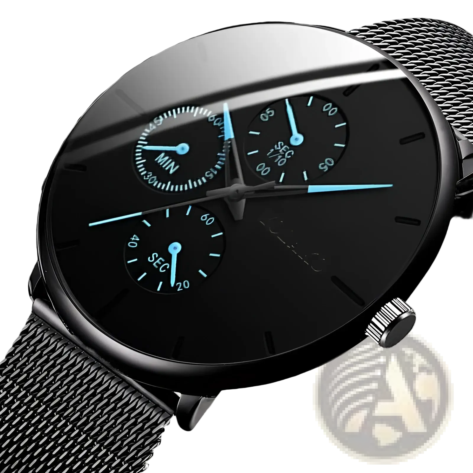 Ultra thin black mesh quartz watch men with a black chronograph dial and blue-lit hands on a metal mesh band