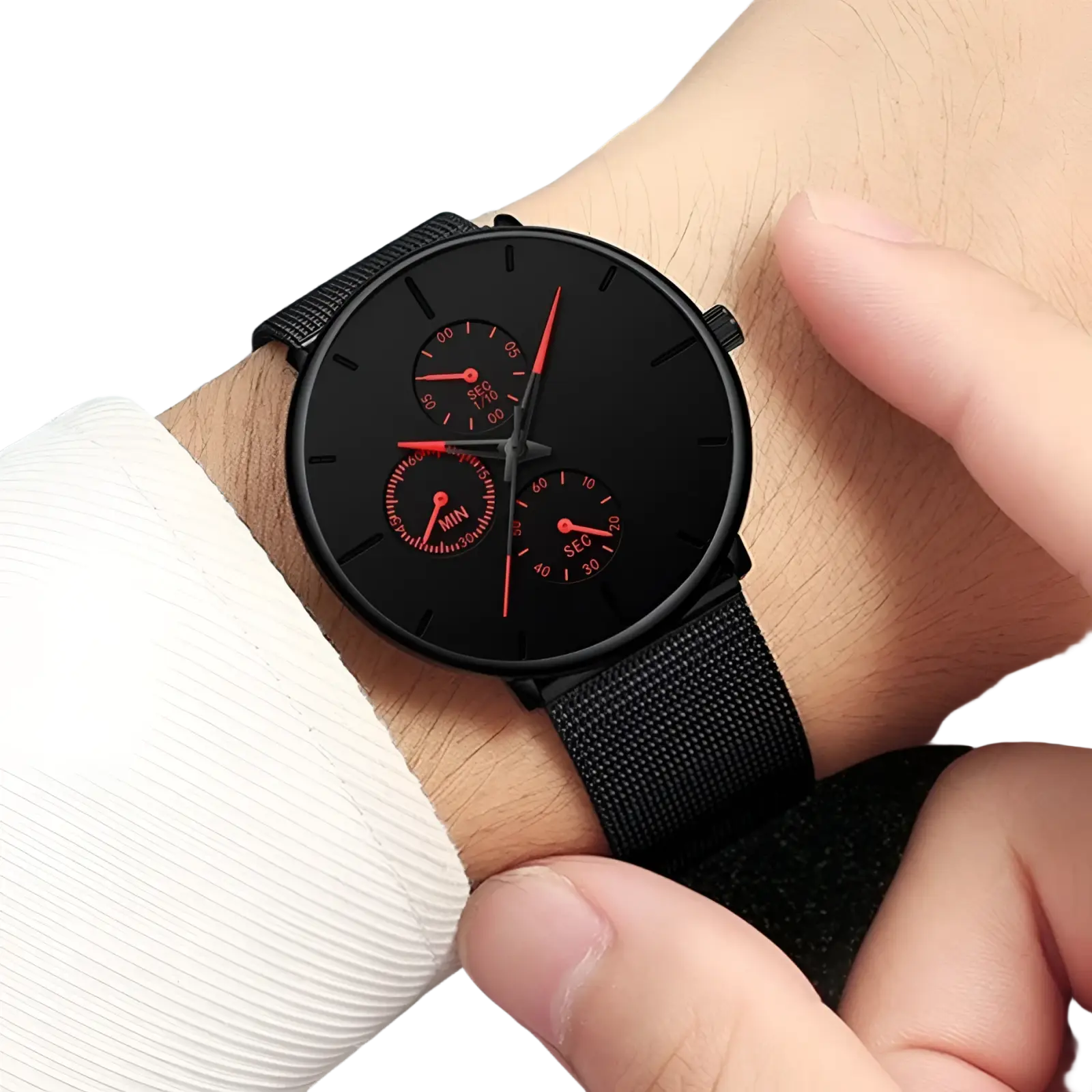 Ultra thin black mesh quartz watch for men featuring a black chronograph dial with red hands and subdials