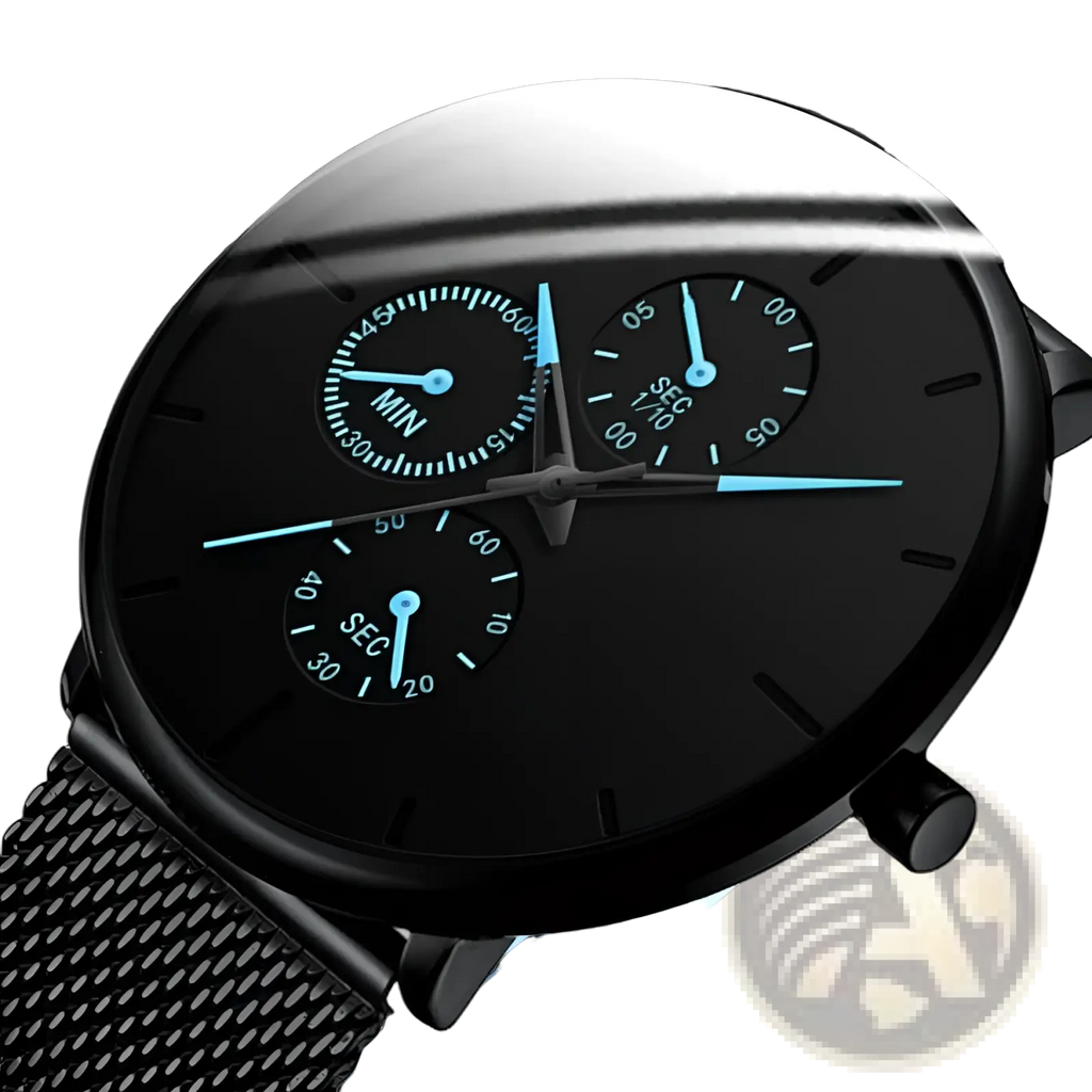Ultra thin black mesh quartz watch for men with a chronograph dial and glowing blue hands