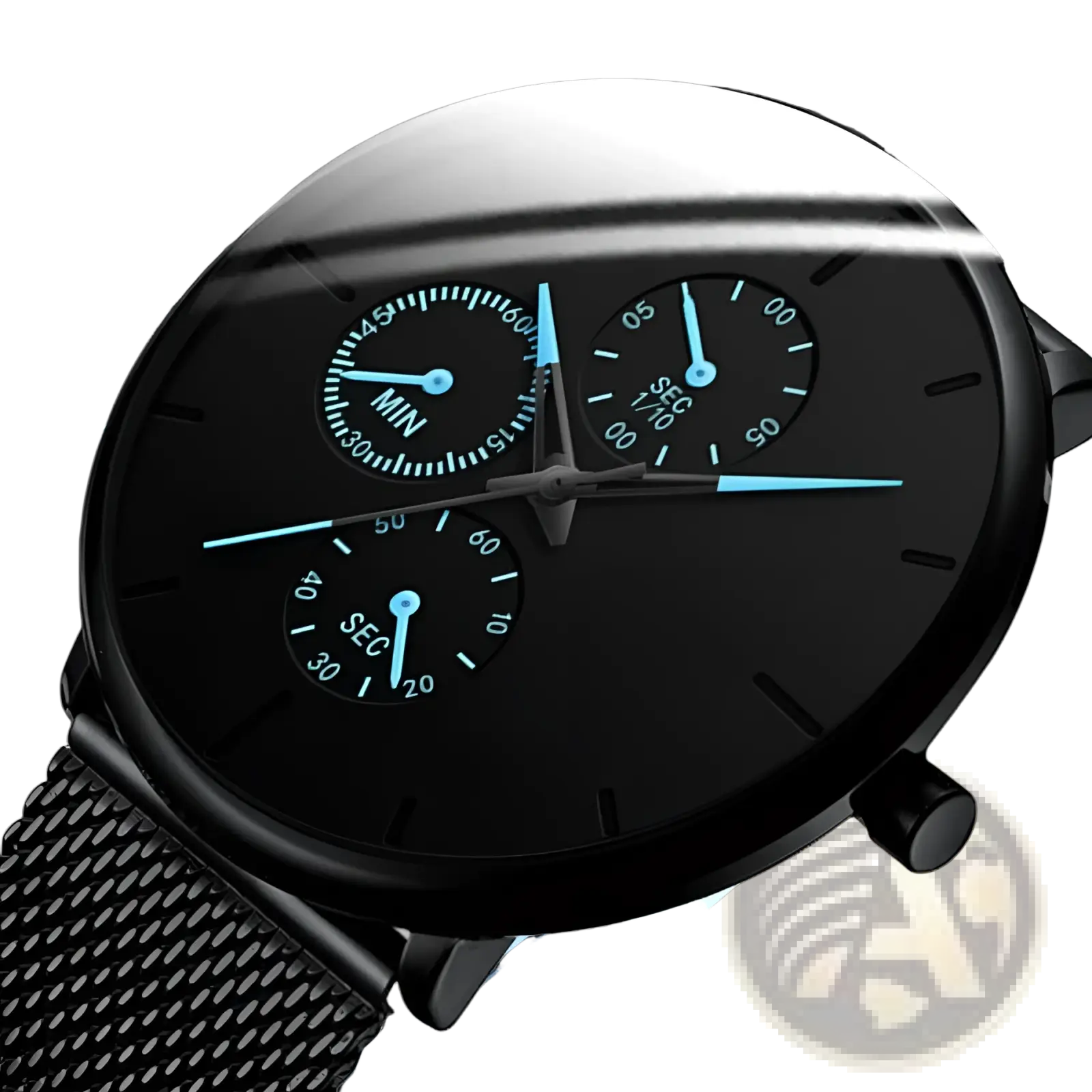 Ultra thin black mesh quartz watch for men with a chronograph dial and glowing blue hands