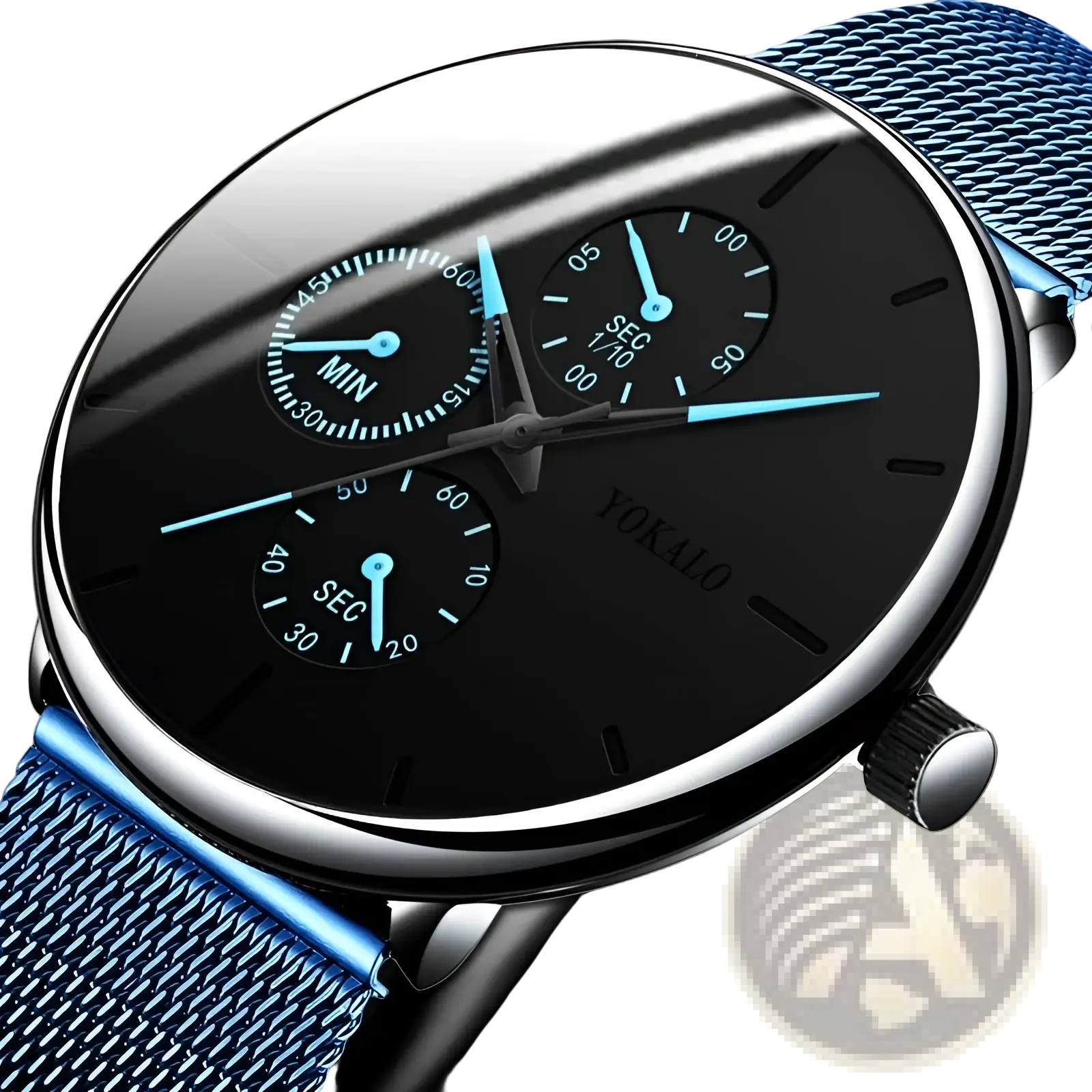Ultra thin black mesh quartz watch for men with a black dial chronograph silver-tone case and blue mesh strap