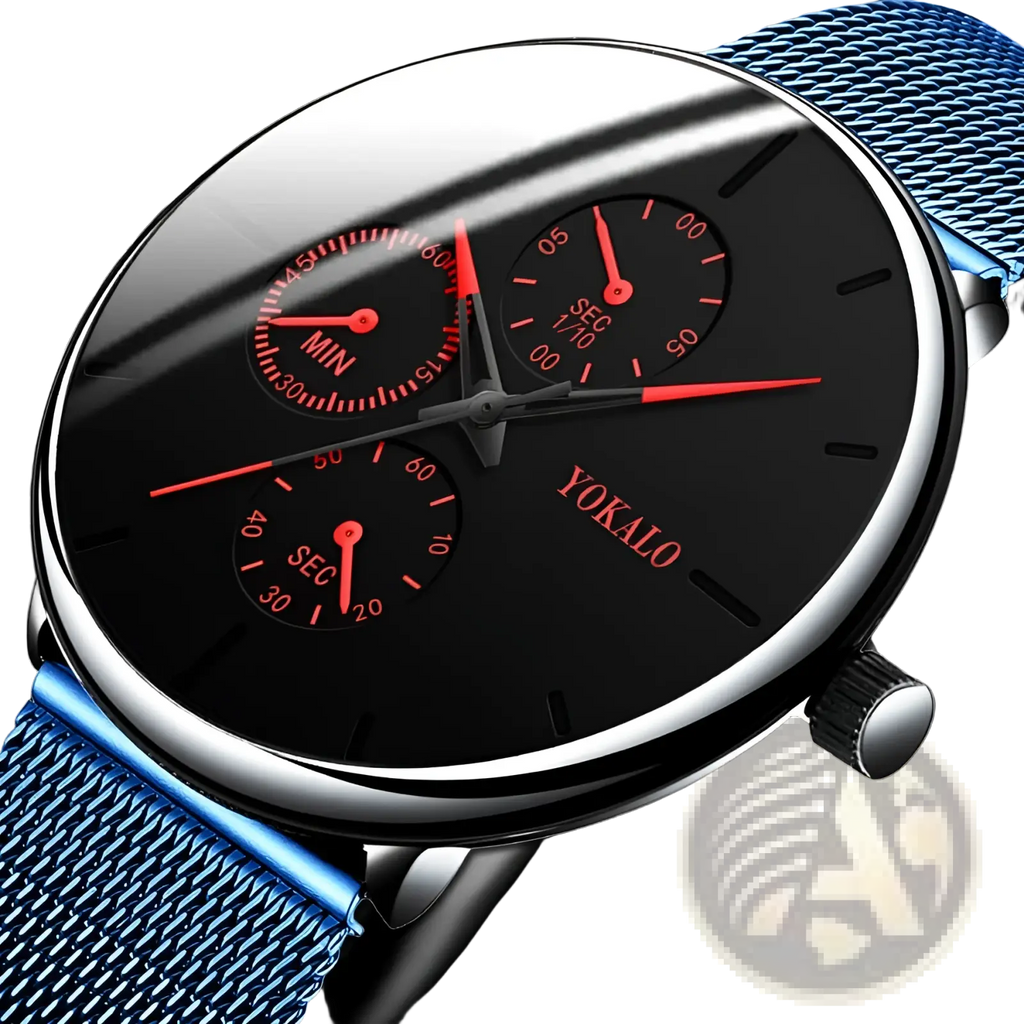 Ultra thin black mesh quartz watch men with black dial red hands silver case and blue mesh strap by yokalo