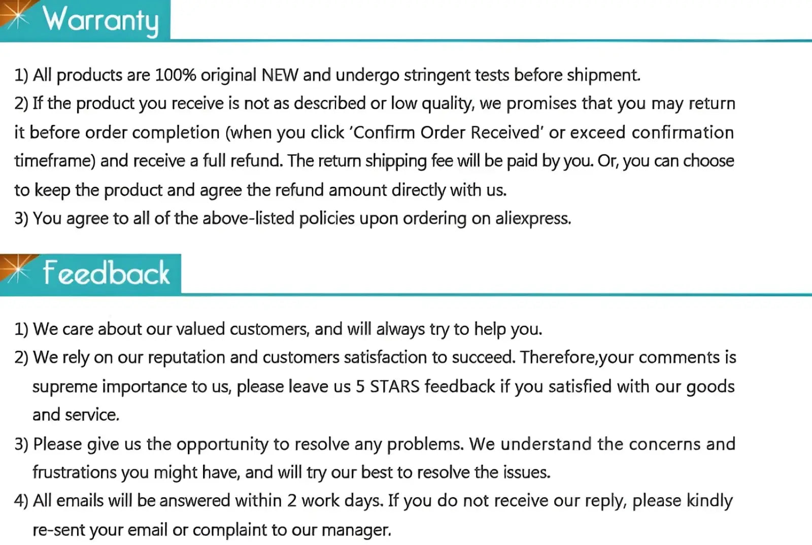 Warranty and feedback policy document for ultra thin black mesh quartz watch men with teal headers and return details