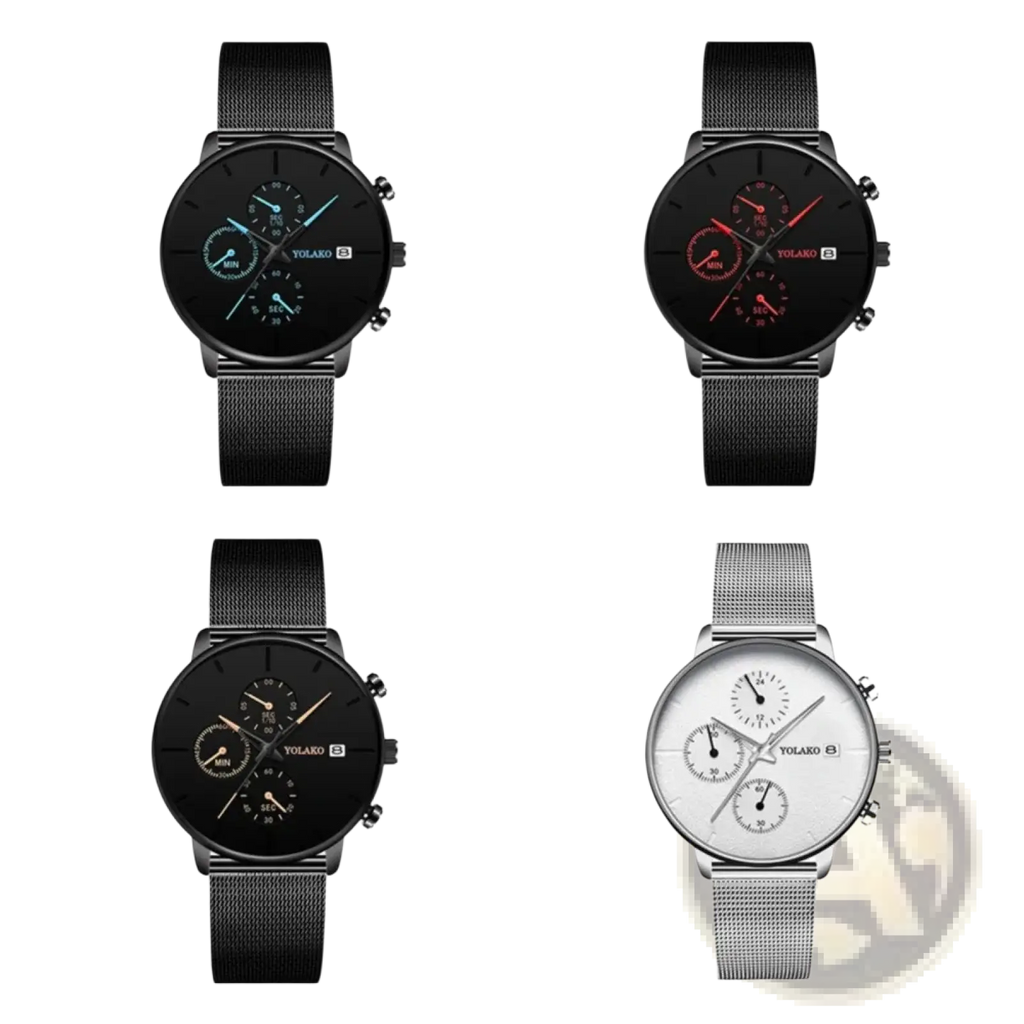 Four yolaro ultra thin black mesh quartz chronograph watches with silver and black mesh bands and matching subdials