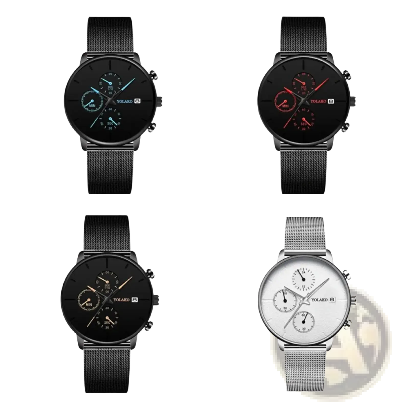 Four yolaro ultra thin black mesh quartz chronograph watches with silver and black mesh bands and matching subdials