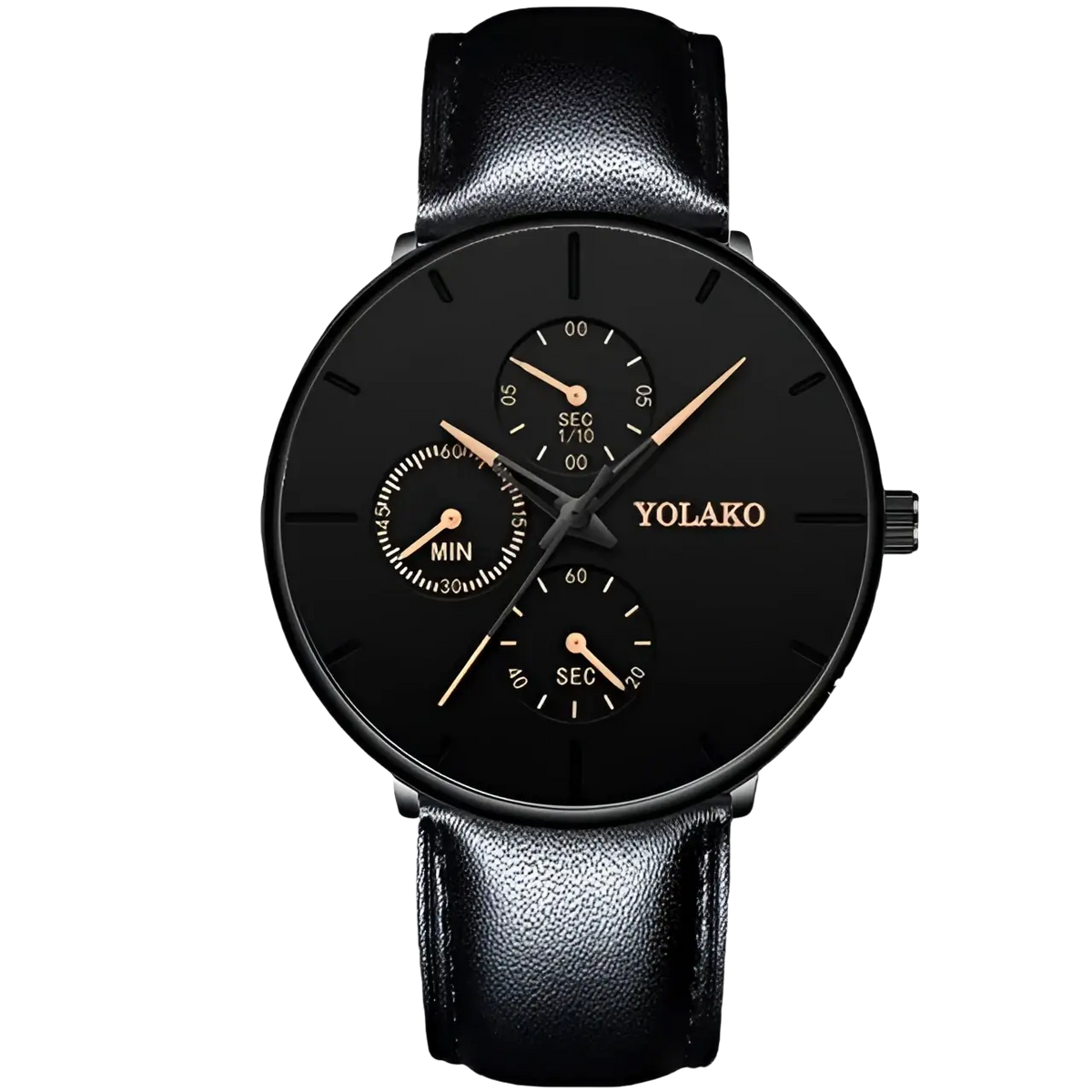 Ultra thin black mesh quartz watch men with black leather strap, black dial, three sub-dials, rose gold-tone hands and markers