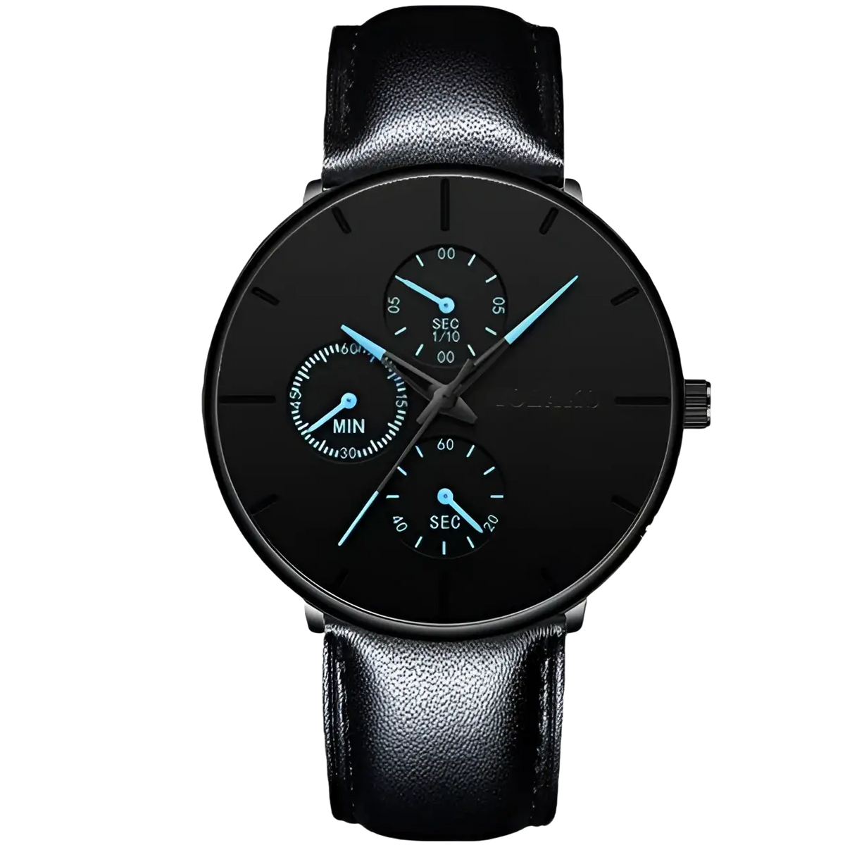 Ultra thin black mesh quartz watch for men with black leather strap, sleek black dial, three subdials, and light blue hands