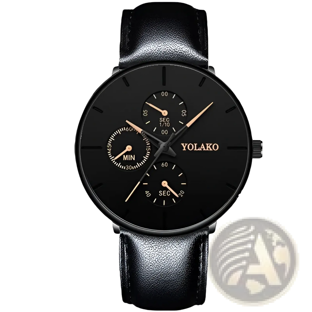 Ultra thin black mesh quartz watch men with black leather strap, black dial, rose gold-tone hands, and three subdials