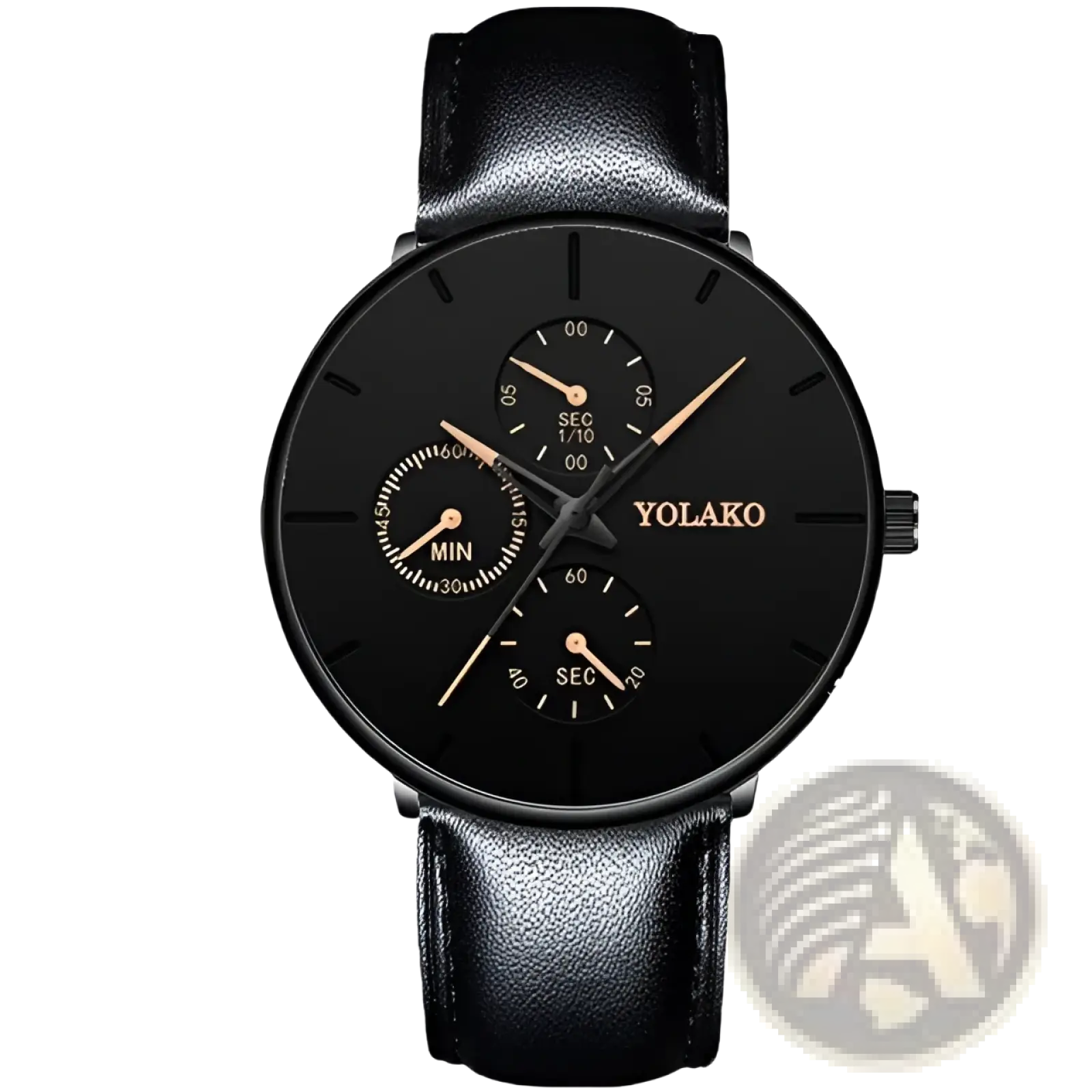Ultra thin black mesh quartz watch men with black leather strap, black dial, rose gold-tone hands, and three subdials
