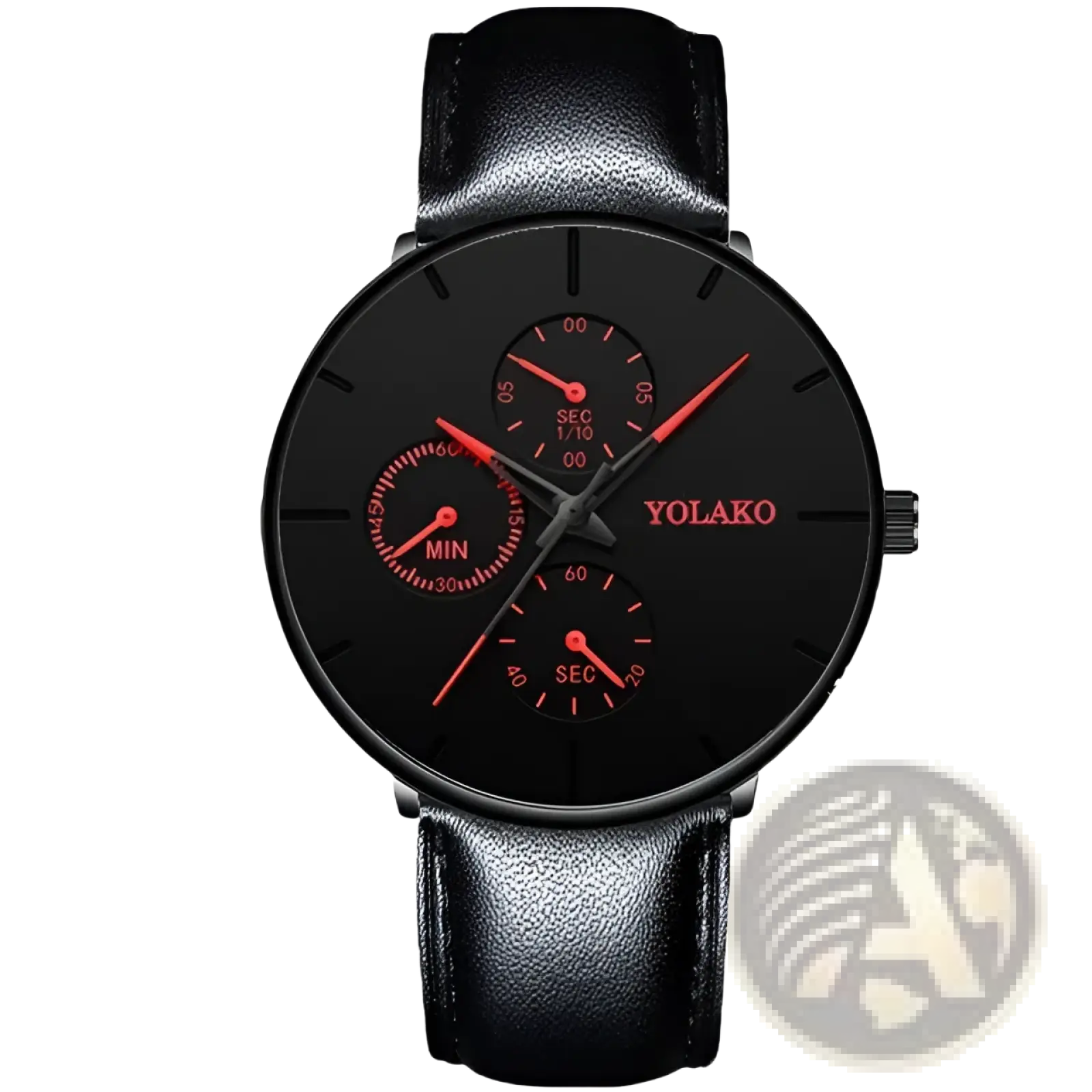 Ultra thin black mesh quartz watch men with black leather strap dial red hands and three functional subdials