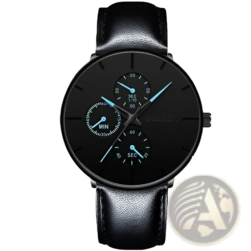 Ultra thin black mesh quartz watch for men with black leather strap black dial and three subdials with light blue hands
