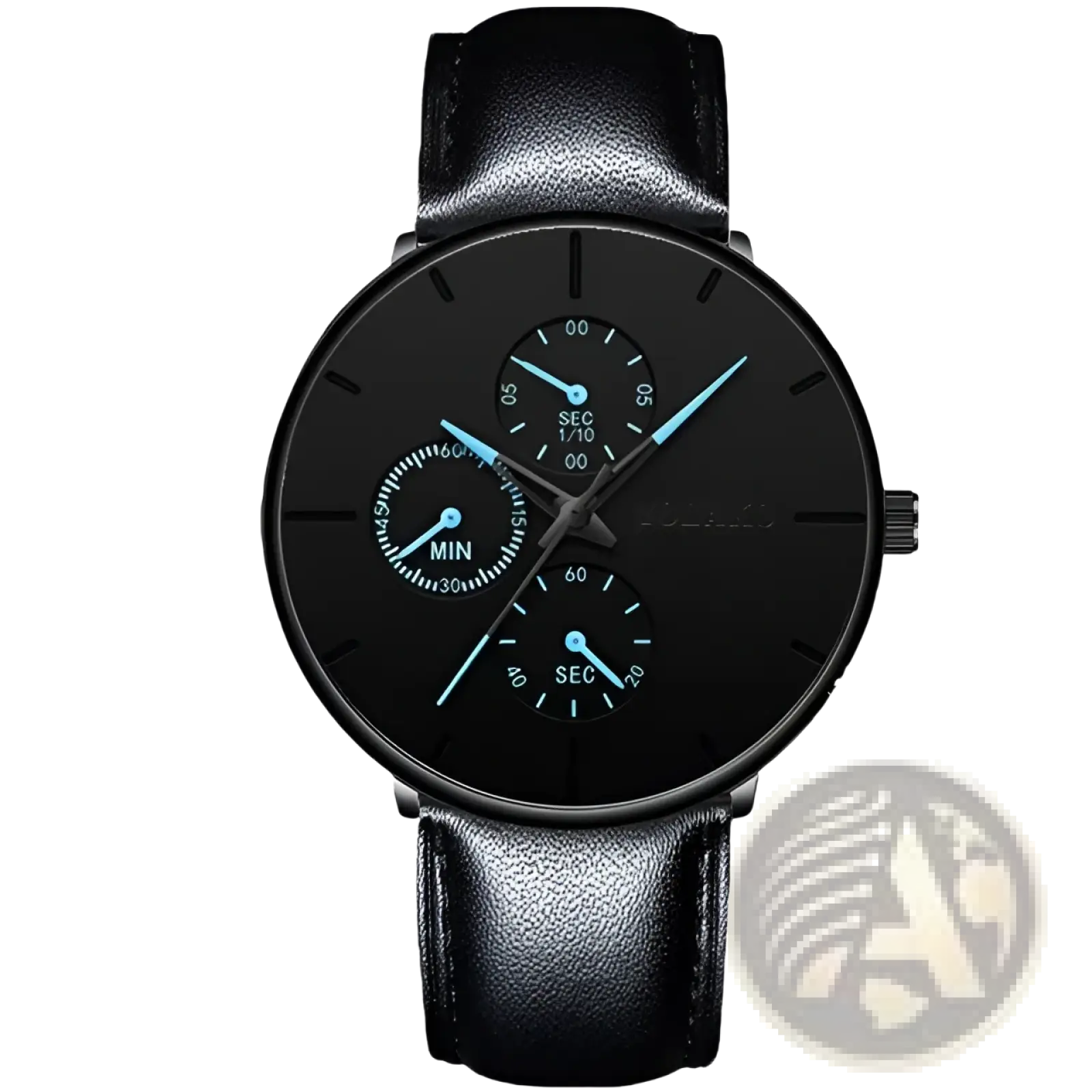 Ultra thin black mesh quartz watch for men with black leather strap black dial and three subdials with light blue hands