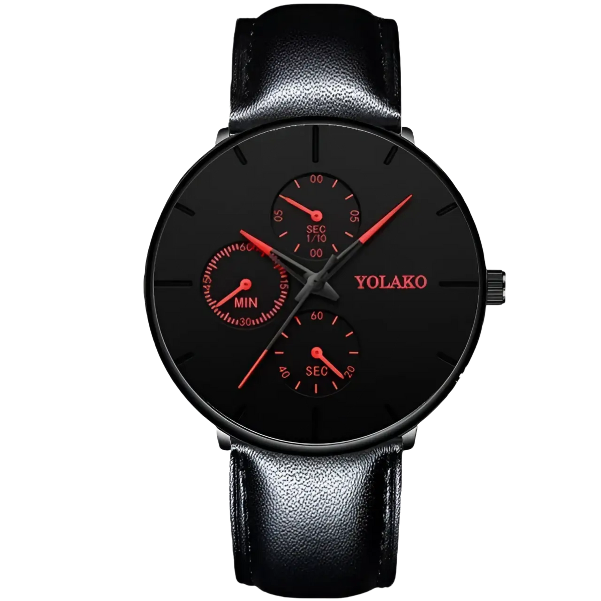 Ultra thin black mesh quartz watch men with black leather strap black dial and three red subdials by yolako