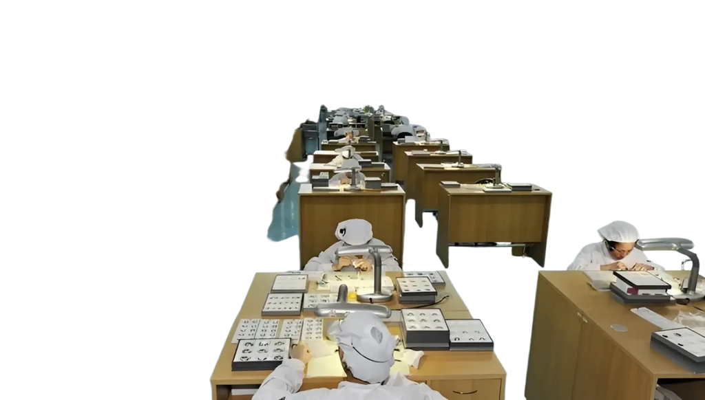 Ultra thin black mesh quartz watch men shown in a brightly lit factory with rows of wooden workstations and workers