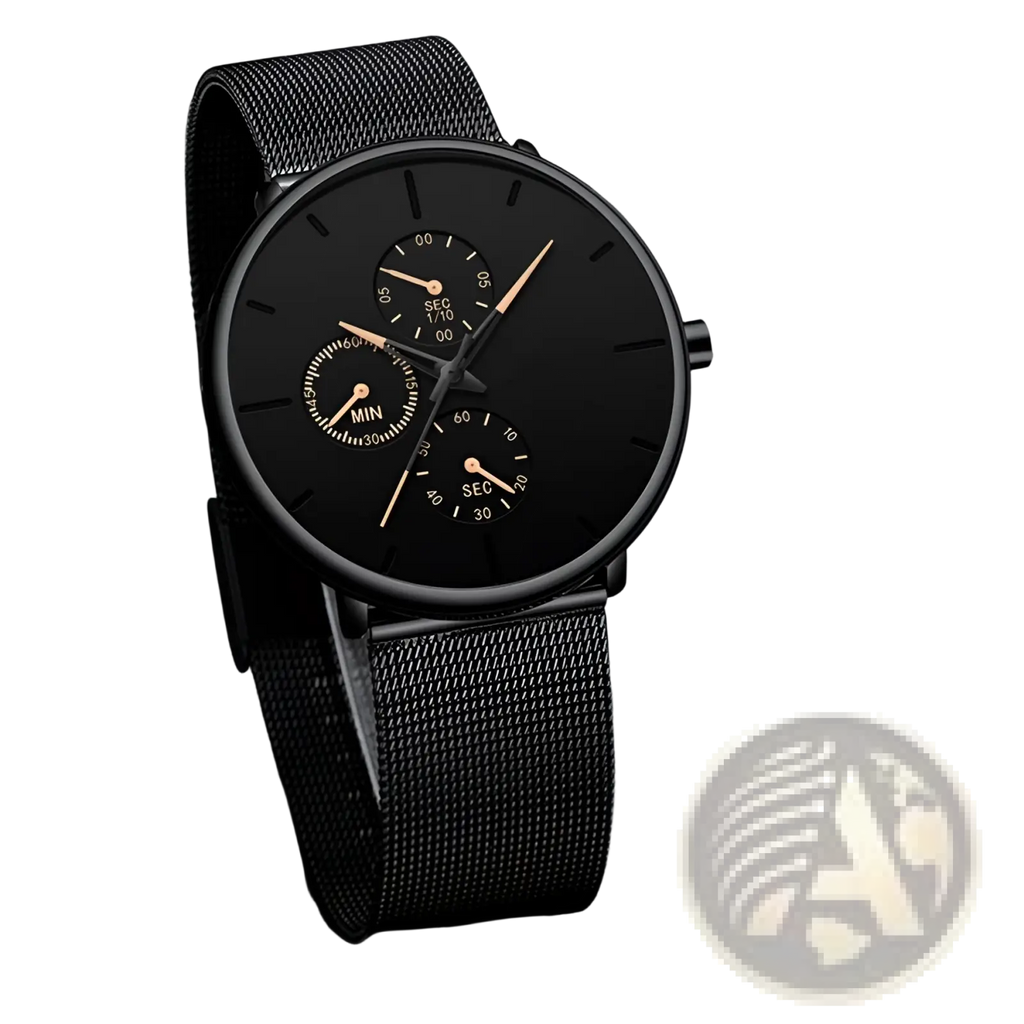Ultra thin black mesh quartz watch for men with minimalist design, three subdials, and gold-tone hands on black face