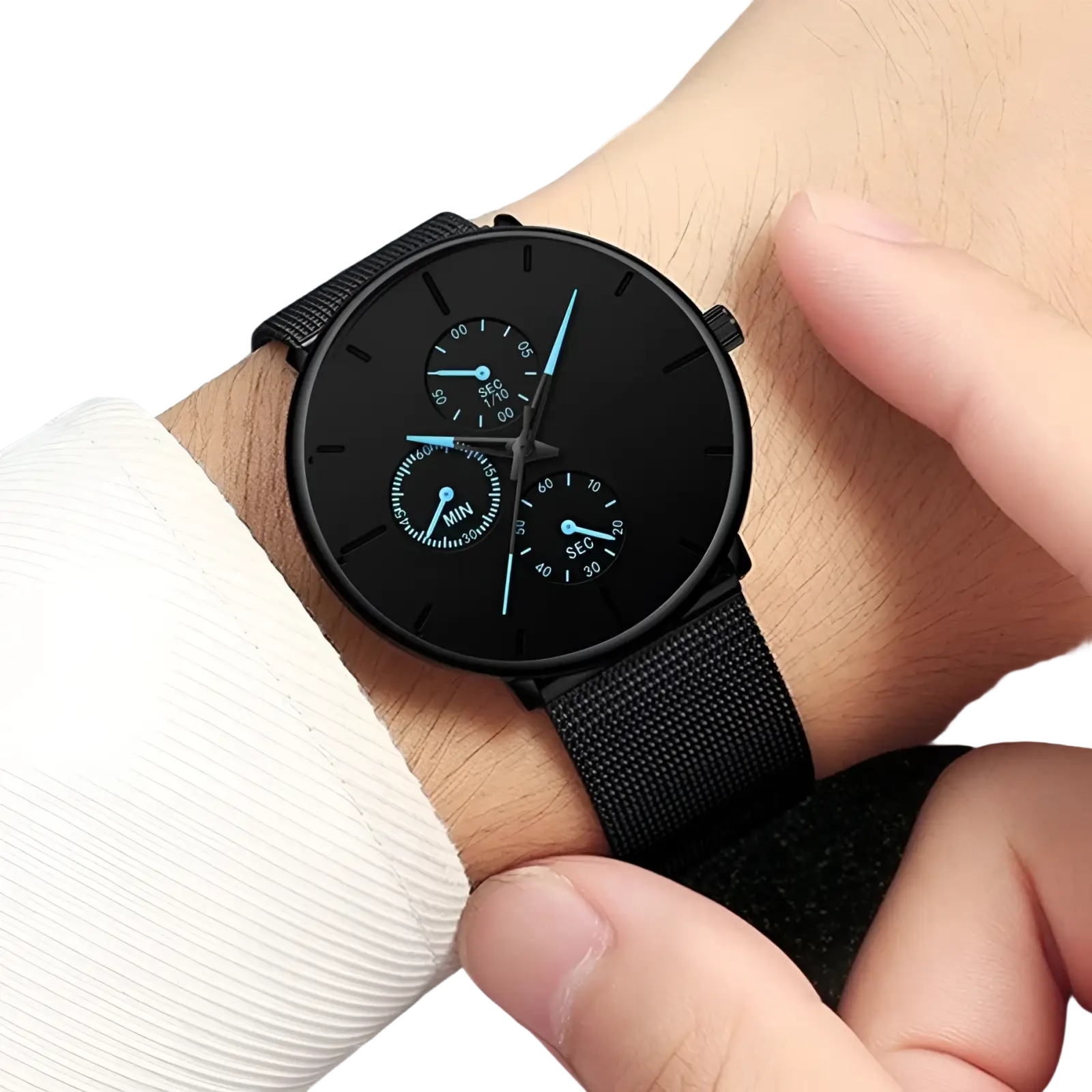 Ultra thin black mesh quartz watch men with a matte finish, three sub-dials, and light blue hands on the face