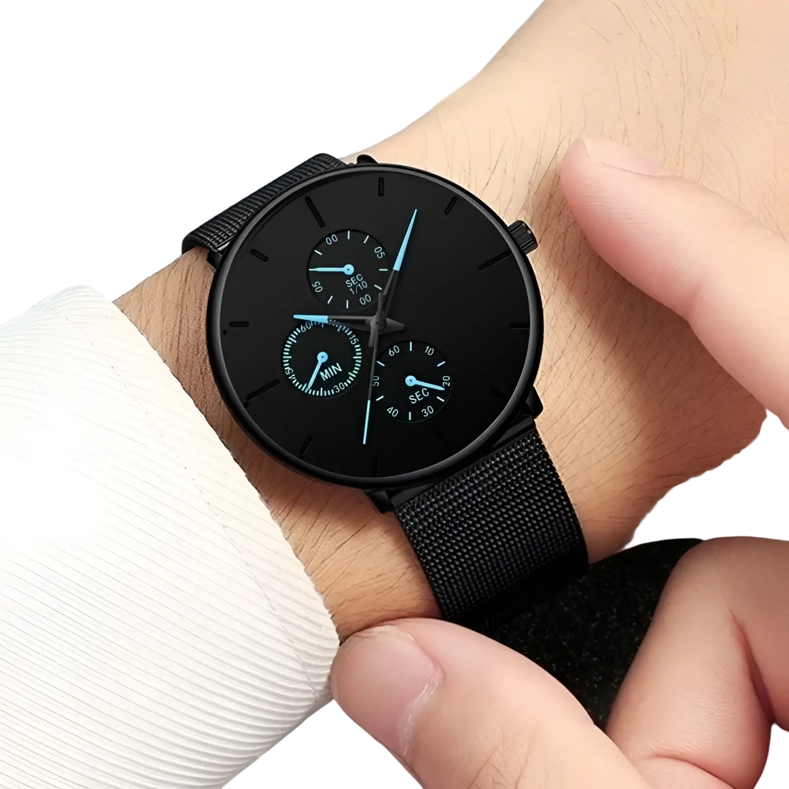 Ultra thin black mesh quartz watch for men with a minimalist design and three subdials with light blue hands