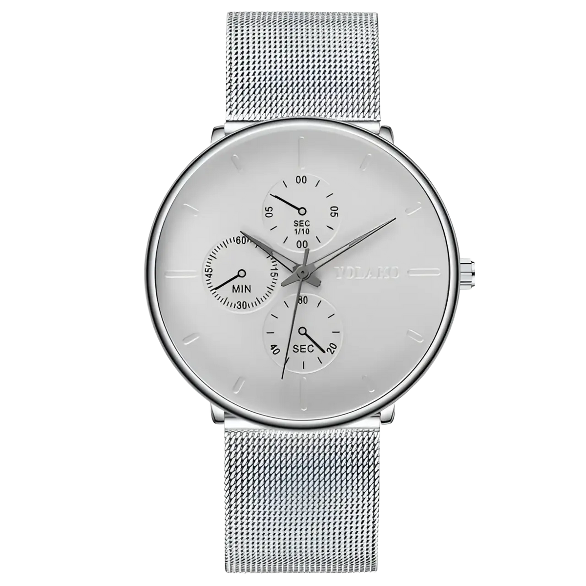 Ultra thin black mesh quartz watch men with silver mesh bracelet and white dial featuring three subdials