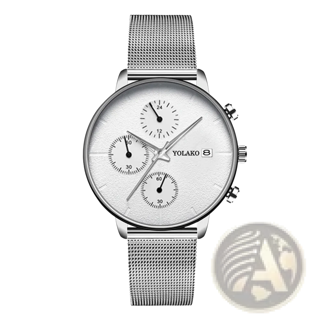 Silver mesh strap ultra thin black mesh quartz chronograph watch with white textured dial and three subdials for men