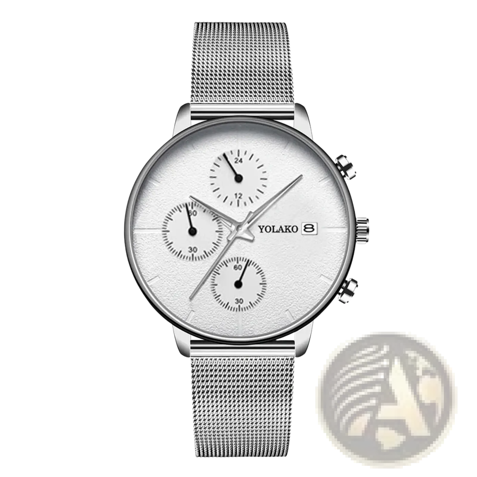 Silver mesh strap ultra thin black mesh quartz chronograph watch with white textured dial and three subdials for men