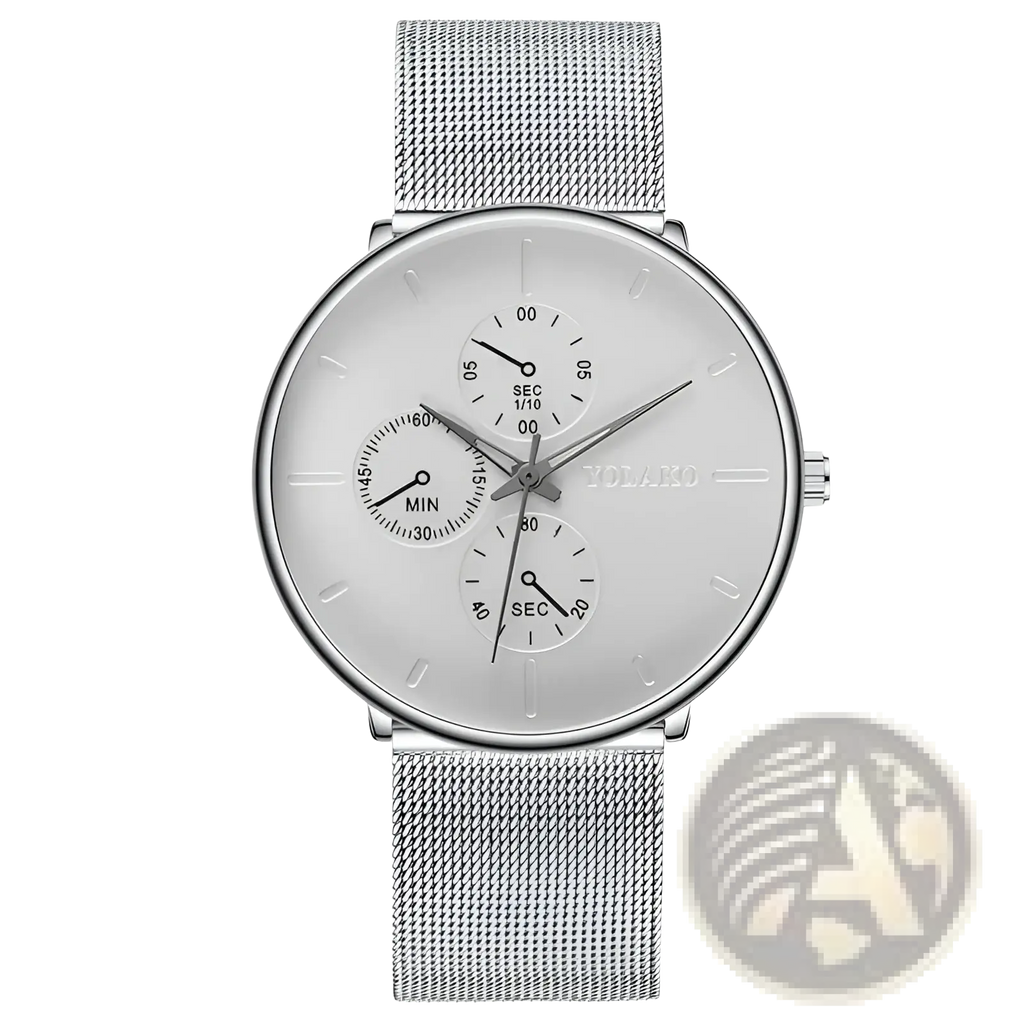 Silver mesh strap ultra thin black mesh quartz watch for men with white dial and volako branding on face