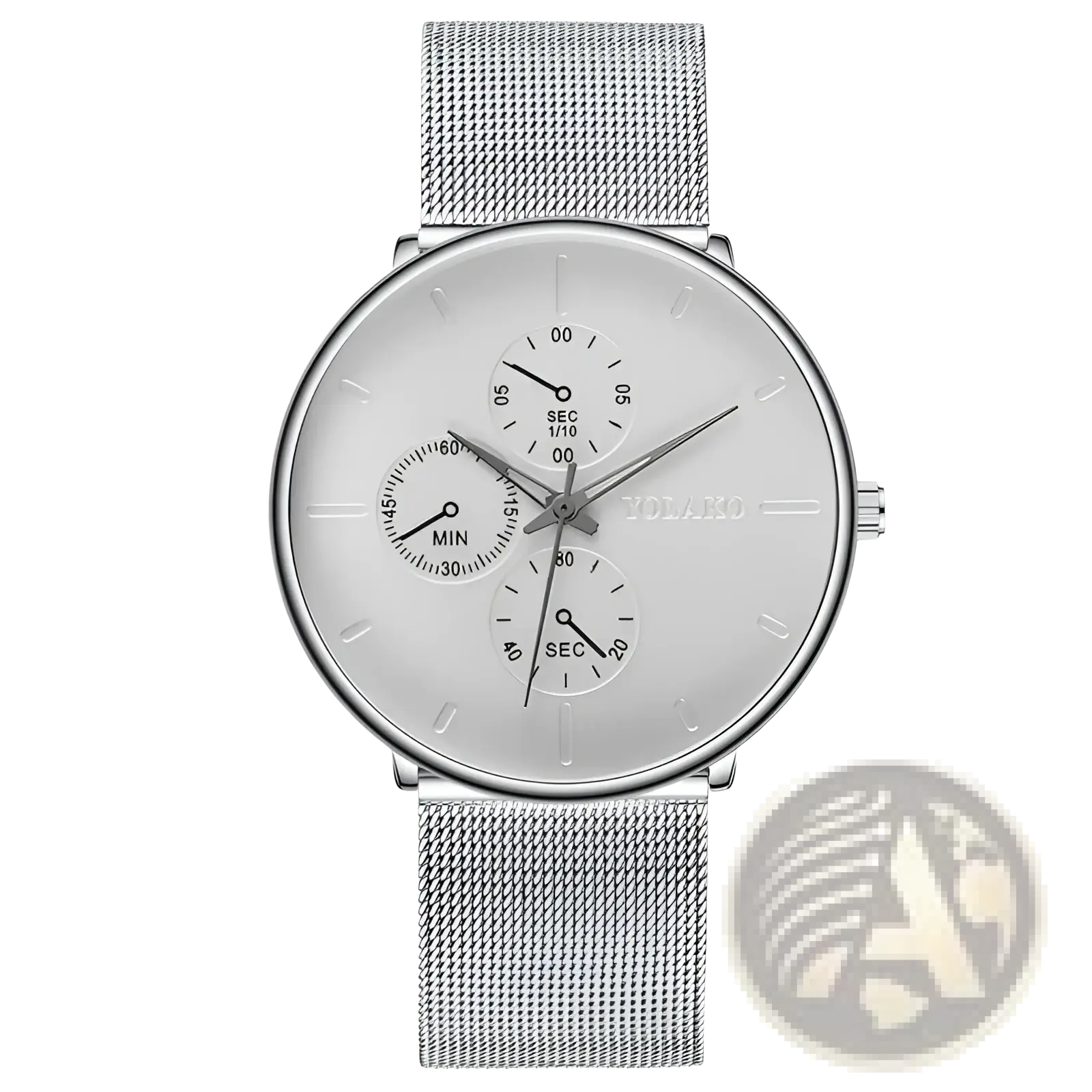Silver mesh strap ultra thin black mesh quartz watch for men with white dial and volako branding on face