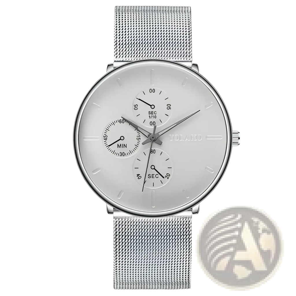 Ultra thin black mesh quartz watch men with silver mesh band white dial and three subdials for seconds and minutes