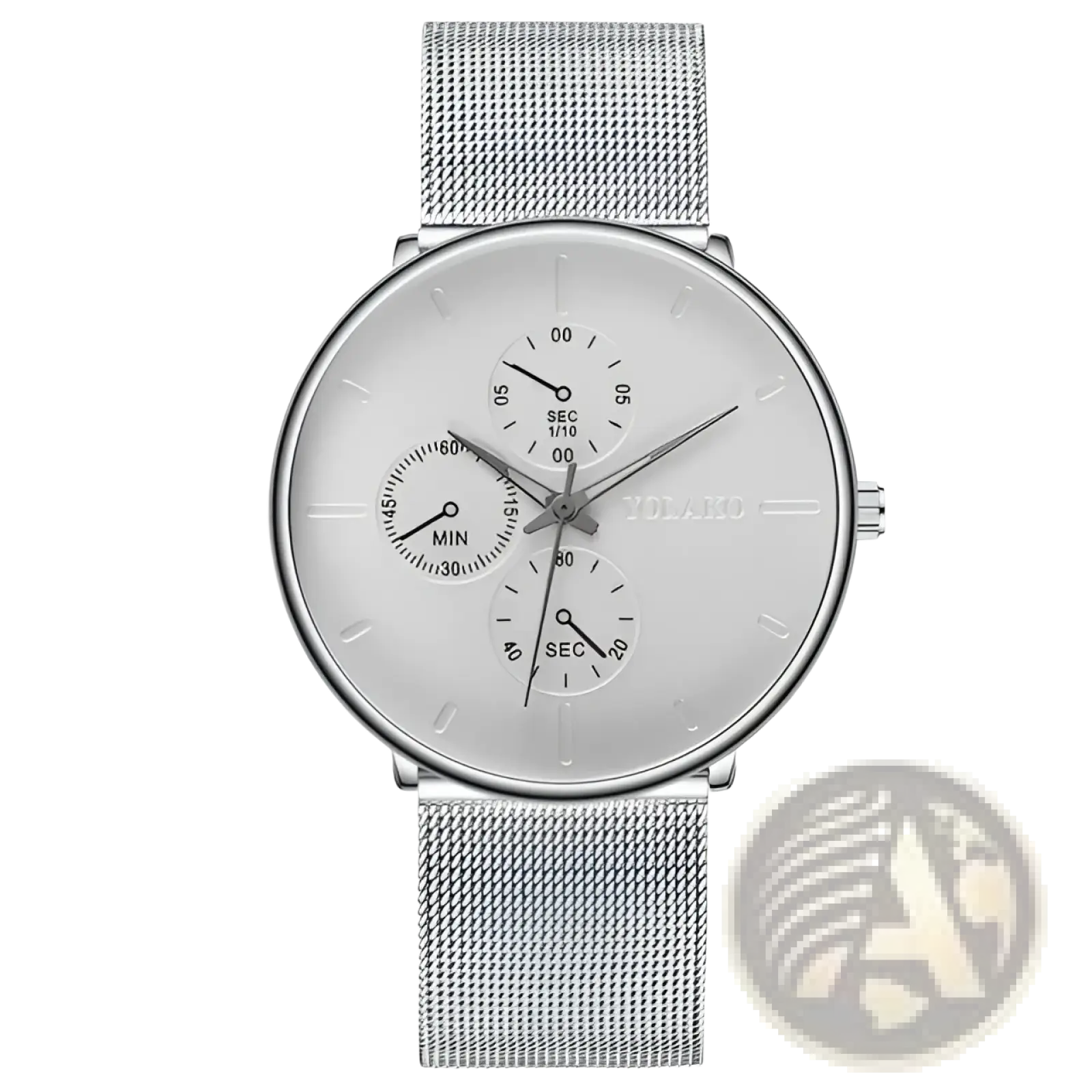 Ultra thin black mesh quartz watch men with silver mesh band white dial and three subdials for seconds and minutes