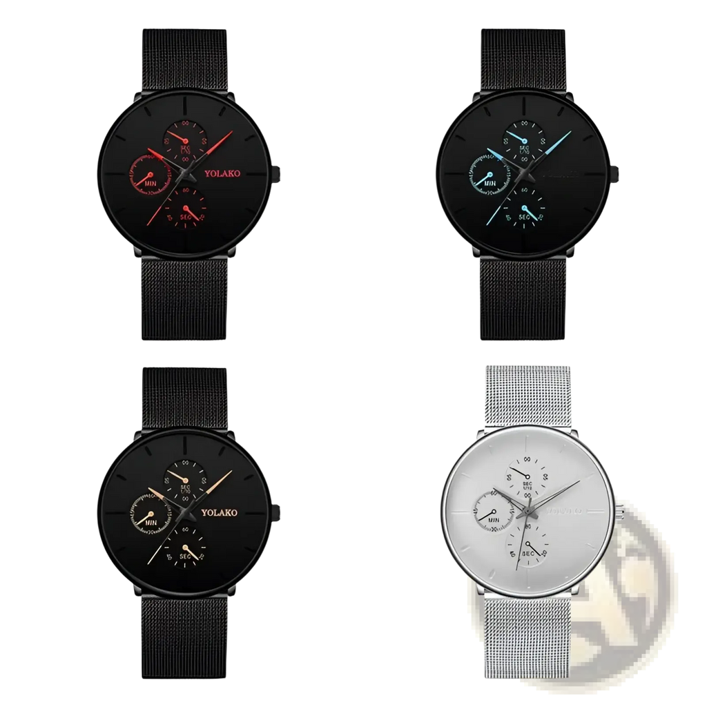 Ultra thin black mesh quartz watch men with black and silver yolako chronograph minimalist dials and mesh straps