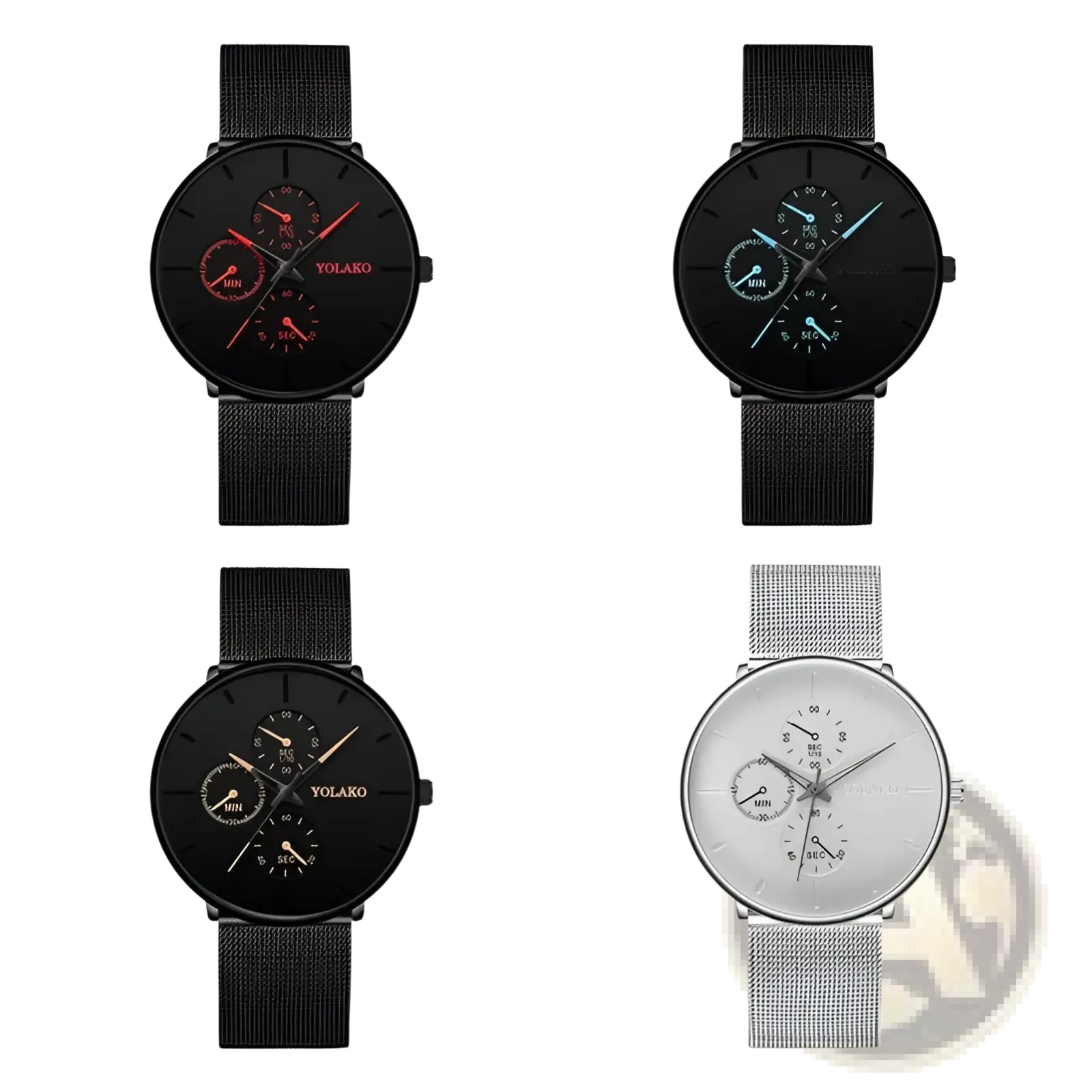 Ultra thin black mesh quartz watch men with black and silver yolako chronograph minimalist dials and mesh straps