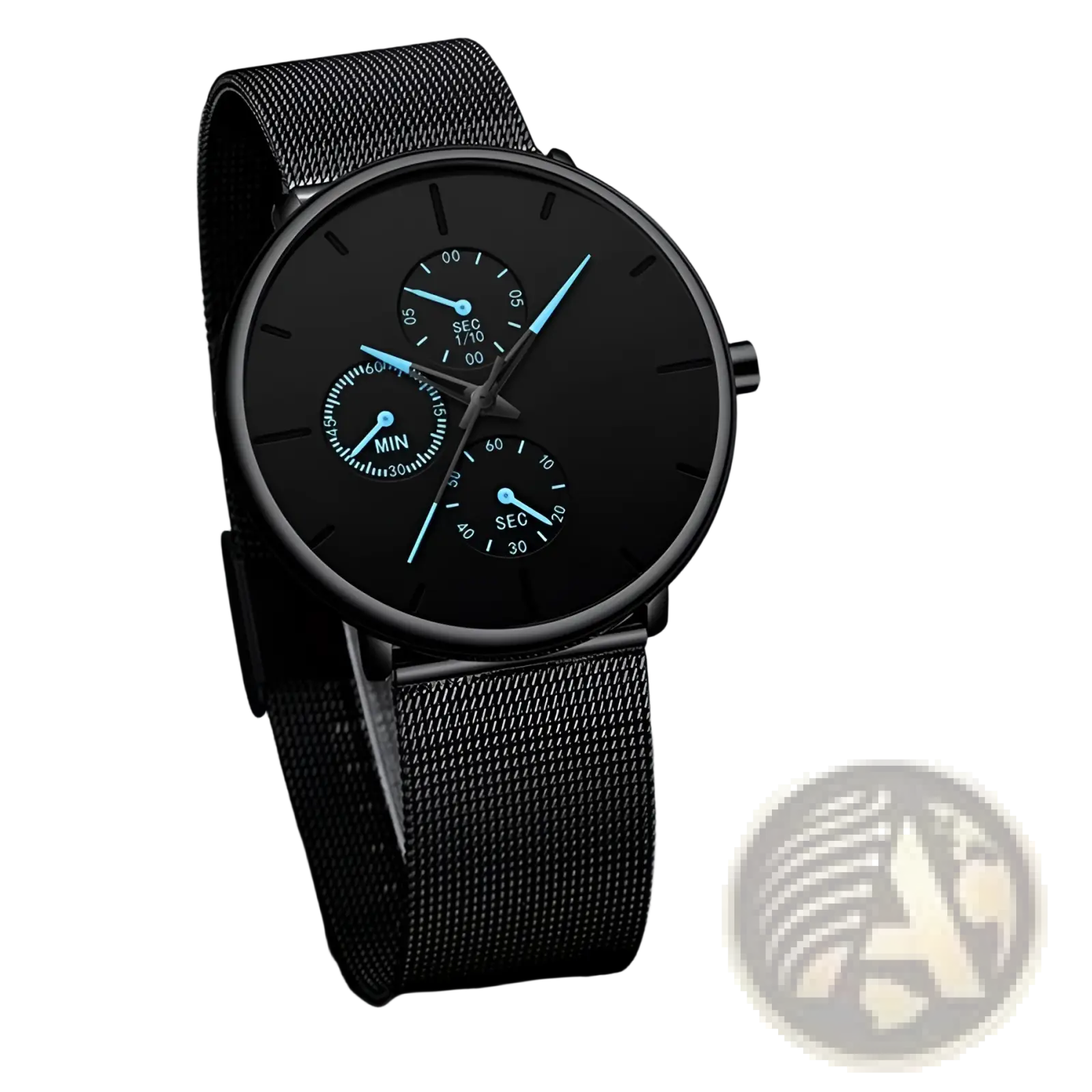 Ultra thin black mesh quartz watch for men with a sleek minimalist design, three sub-dials, and glowing blue hands