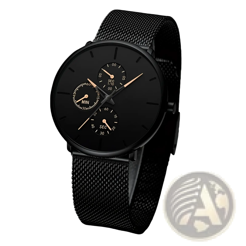 Ultra thin black mesh quartz watch men with black stainless steel mesh and minimalist dial featuring rose gold hands