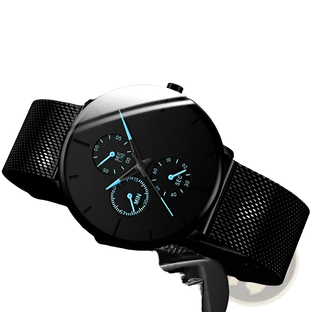 Ultra thin black mesh quartz watch for men with black stainless steel mesh, three sub-dials, and glowing blue hands