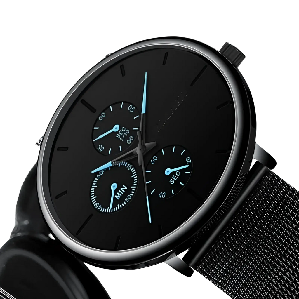 Ultra thin black mesh quartz watch men with black stainless steel mesh band and sleek black dial with blue sub-dial hands