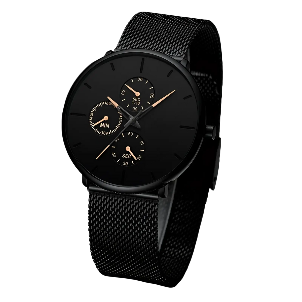 Ultra thin black mesh quartz watch men with black stainless steel mesh band and minimalist dial with rose gold hands