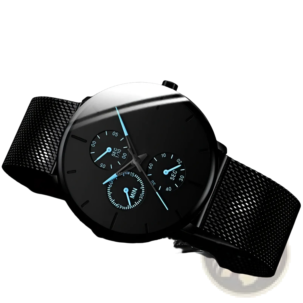 Ultra thin black stainless steel mesh quartz watch for men with minimalist design three sub-dials and glowing blue hands