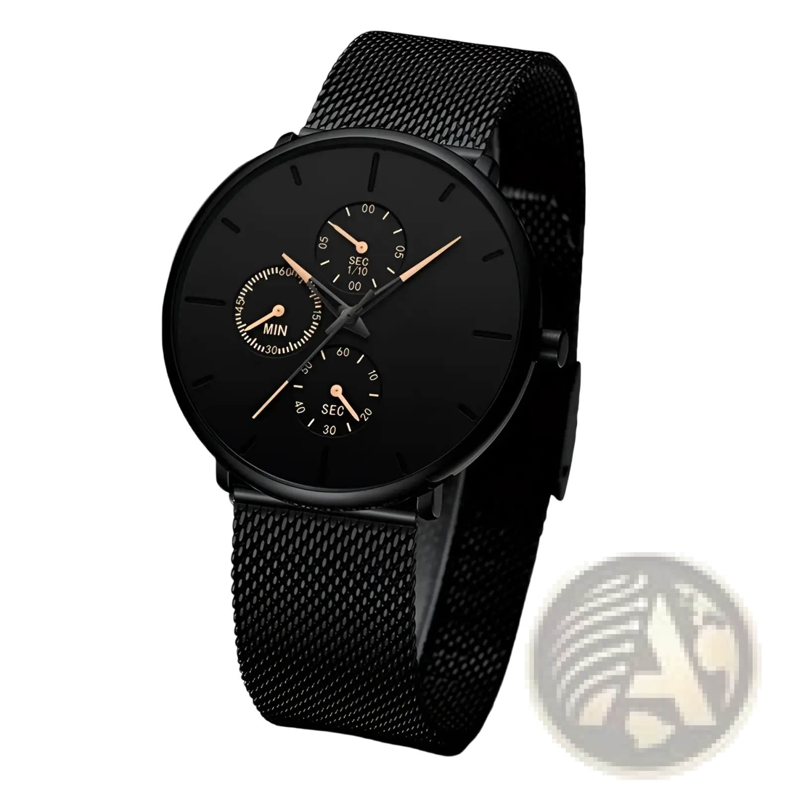 Ultra thin black mesh quartz watch men with black stainless steel mesh and minimalist dial featuring rose gold hands