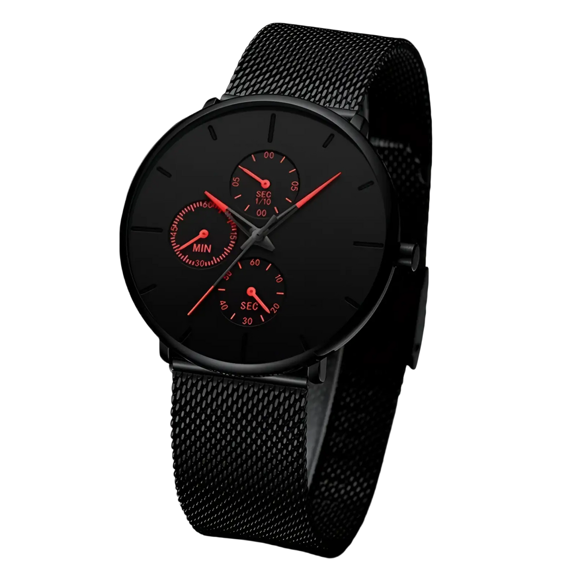 Ultra thin black mesh quartz watch men with sleek black dial red hands and three subdials for precise timekeeping