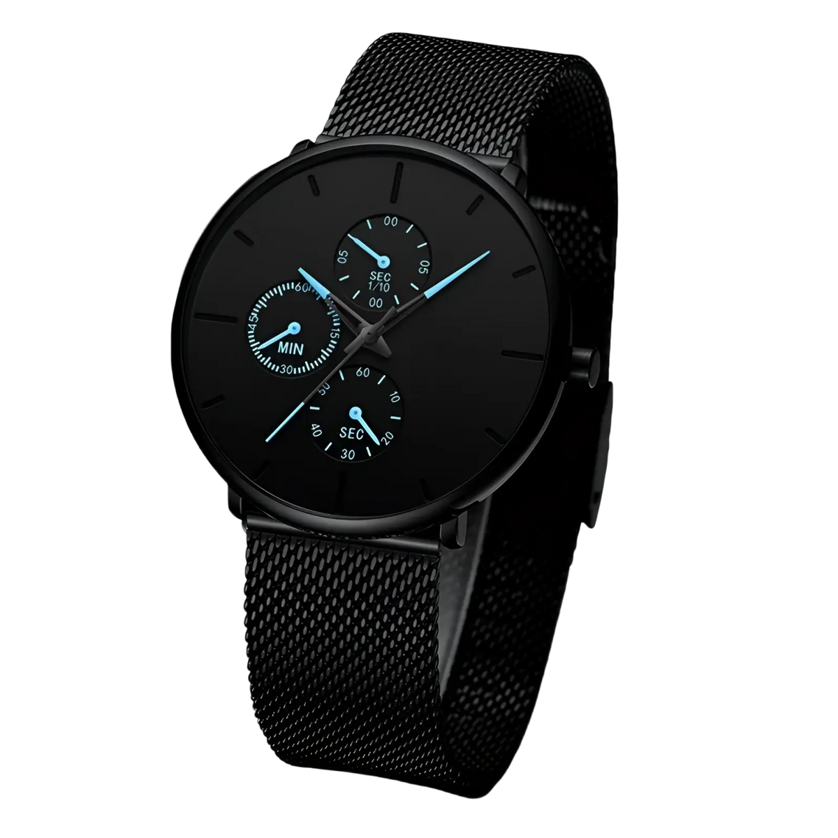 Ultra thin black mesh quartz watch for men with sleek black dial and three subdials featuring light blue hands