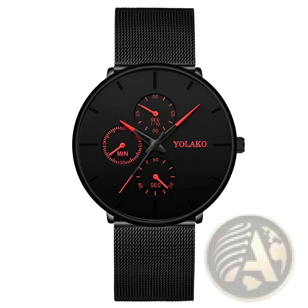 Ultra thin black mesh quartz watch men with black dial red hands subdials and yolako brand name in red