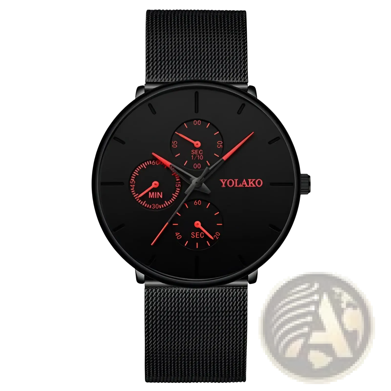 Ultra thin black mesh quartz watch men with black dial red hands subdials and yolako brand name in red