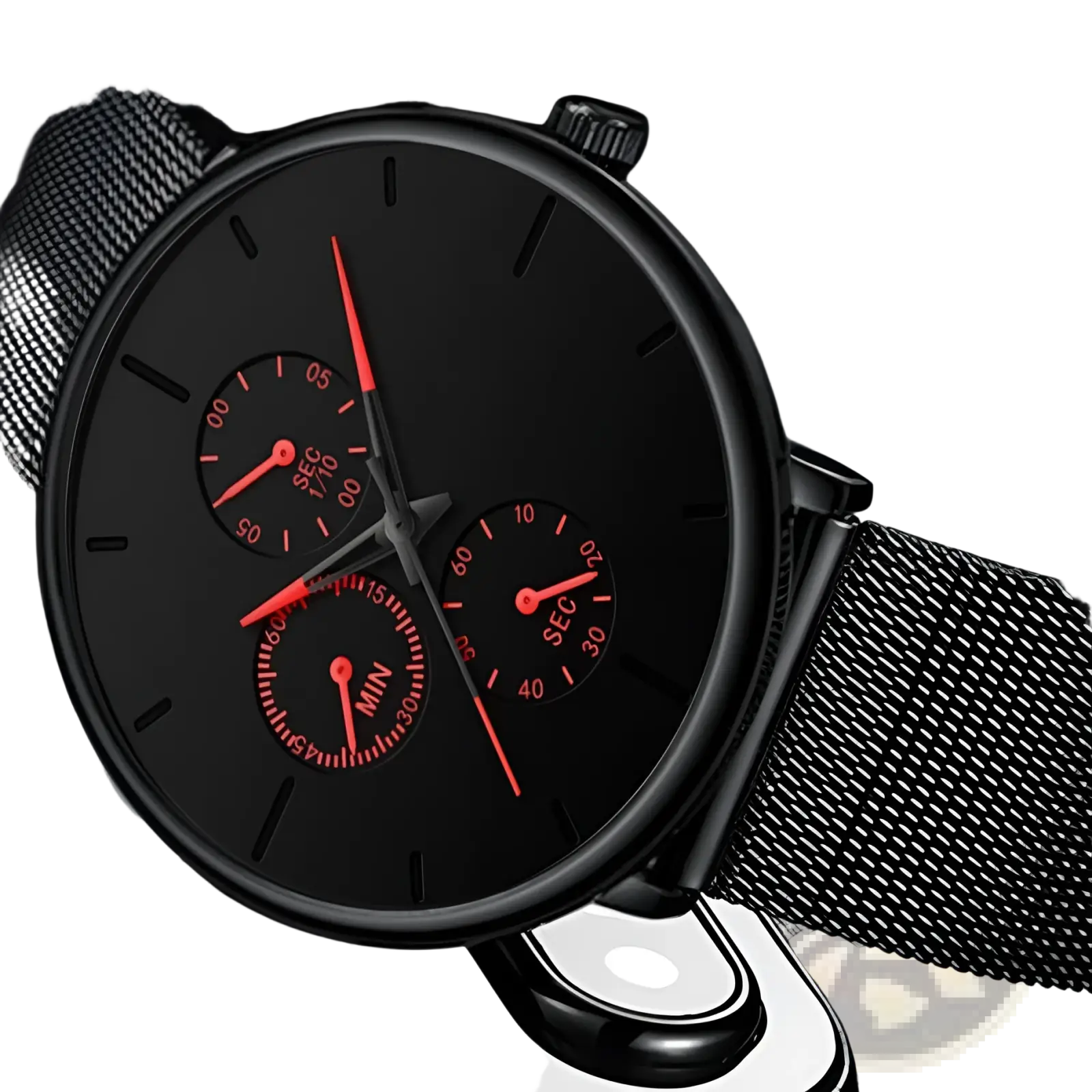 Ultra thin black mesh quartz watch for men with a mesh strap and red hands on the dial