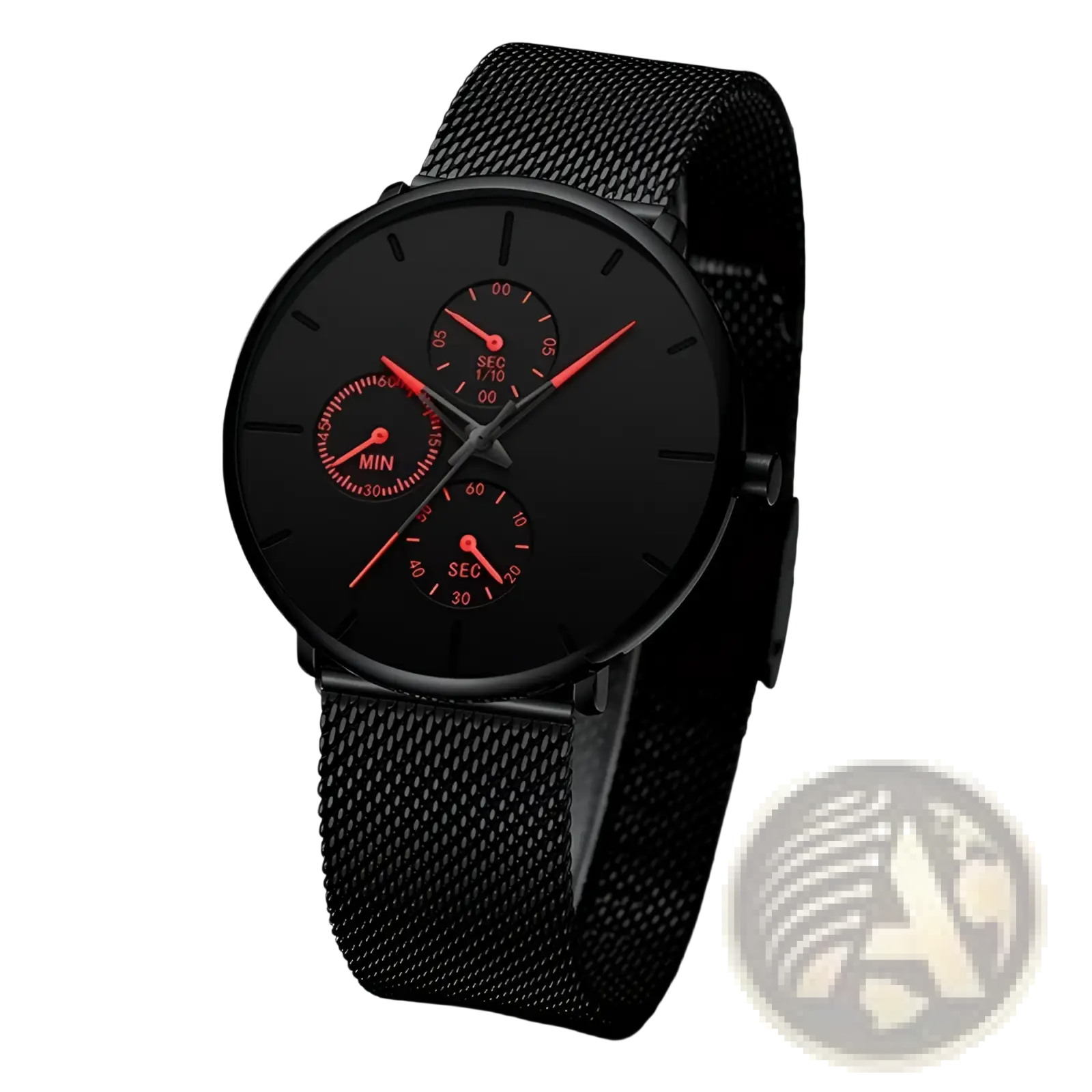 Ultra thin black mesh quartz watch men with sleek black dial red hands and three subdials for precise timekeeping