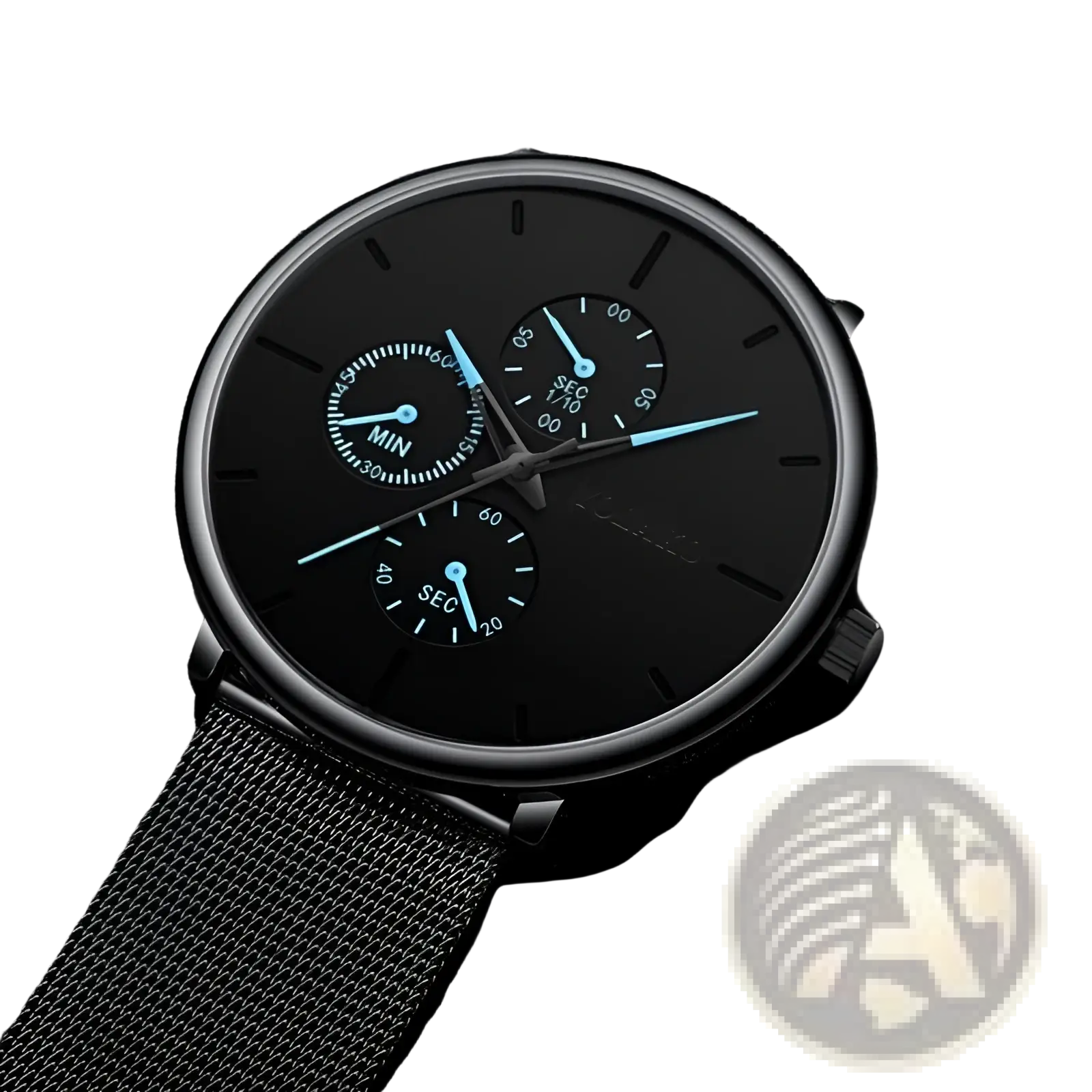 Ultra thin black mesh quartz watch men with sleek black dial, glowing blue hands, and three subdials for precise timekeeping