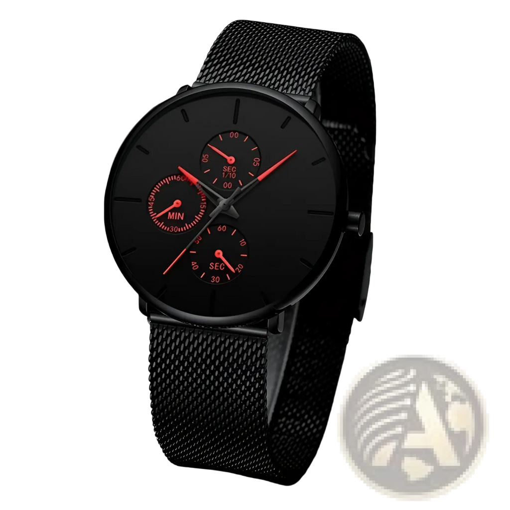 Ultra thin black mesh quartz watch men with sleek black dial, vibrant red hands, and three subdials for timekeeping